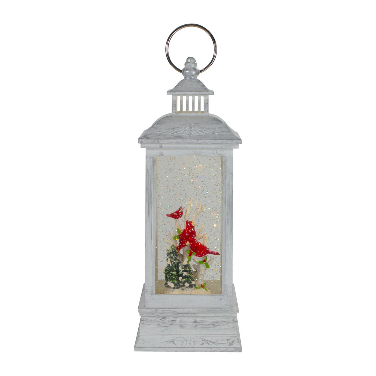 Northlight 11" White And Brushed Silver Christmas Cardinals Snow Globe Lantern
