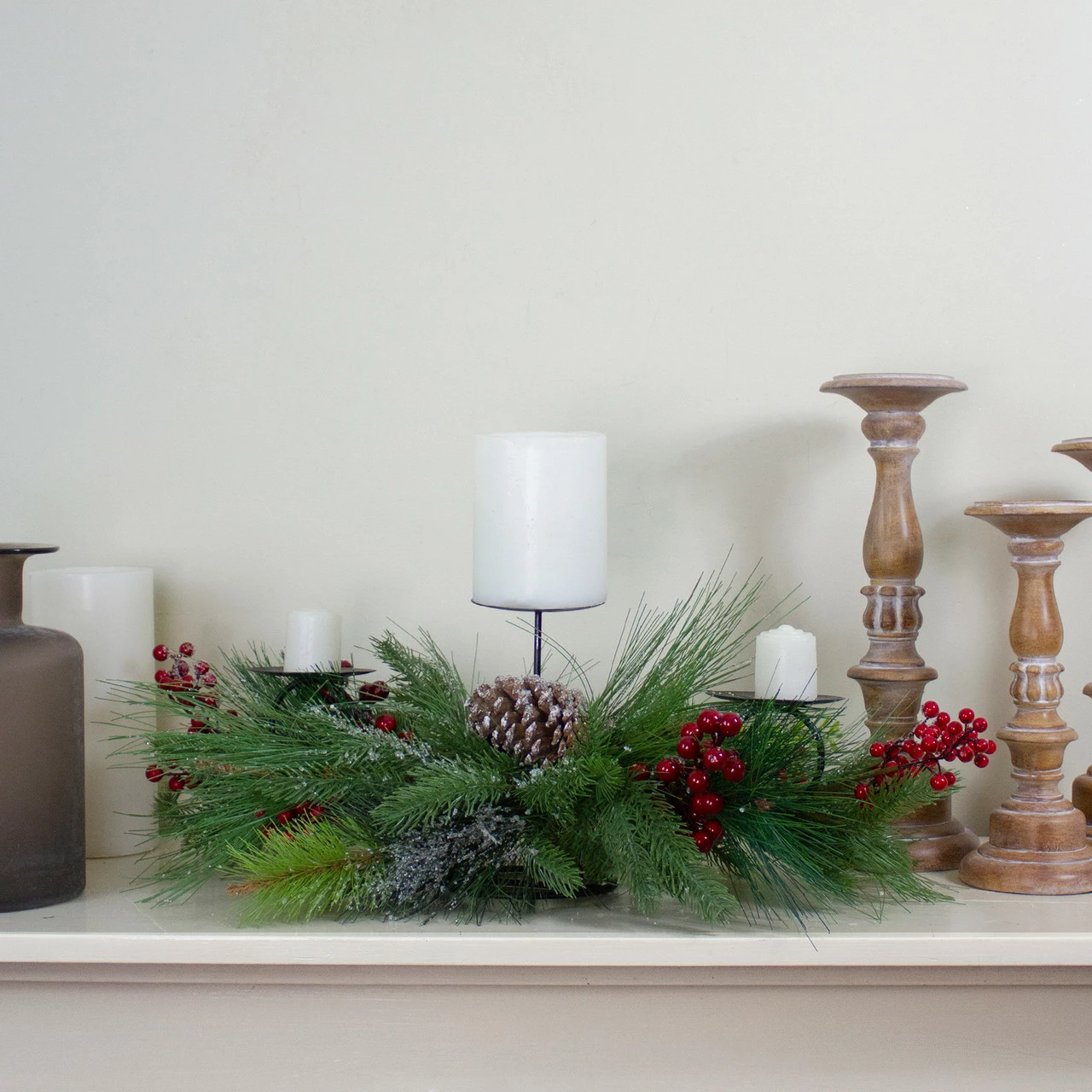 Northlight 32" Iced Mixed Pine, Berries And Pine Cones Christmas Pillar Candle Holder 2 Northlight 32" Iced Mixed Pine, Berries And Pine Cones Christmas Pillar Candle Holder - Image 2