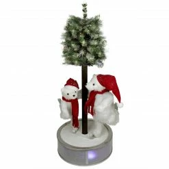 Northlight 48" Pre-Lit Red And White Ice Skating Polar Bears With Flocked Tree Christmas Figurine