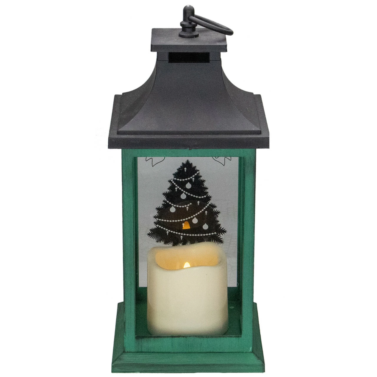 Northlight 12" Green And Black LED Candle With Christmas Tree Tabletop Lantern - Image 3