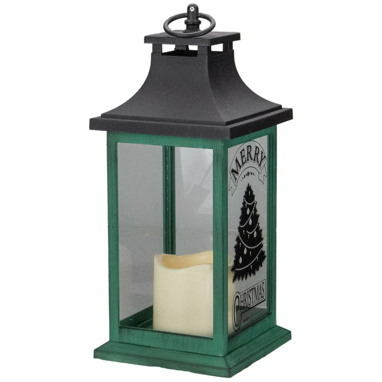 Northlight 12" Green And Black LED Candle With Christmas Tree Tabletop Lantern - Image 4