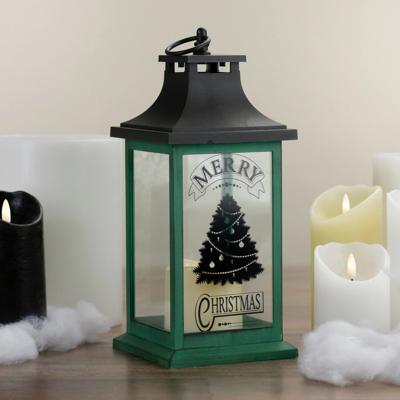 Northlight 12" Green And Black LED Candle With Christmas Tree Tabletop Lantern - Image 2
