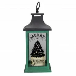 Northlight 12" Green And Black LED Candle With Christmas Tree Tabletop Lantern