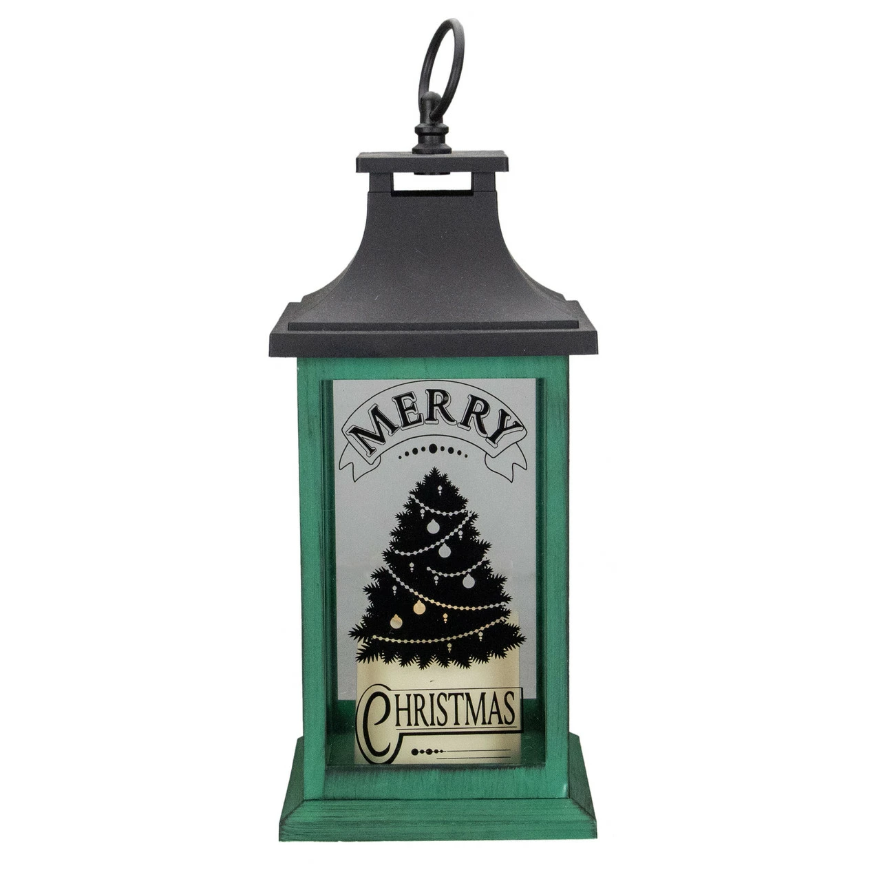 Northlight 12" Green And Black LED Candle With Christmas Tree Tabletop Lantern