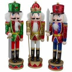 Nutcracker Factory Set Of 3 Red Sequin Jacket Wooden Christmas Nutcrackers 14.25"