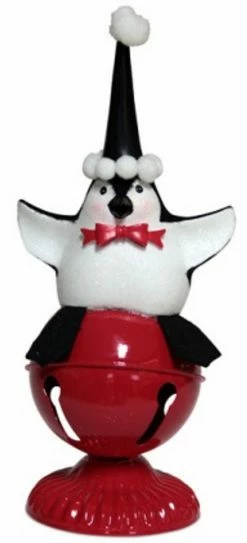Melrose 11.25" Playful Glittered Black And White Penguin Sitting On Large Christmas Red Jingle Bell