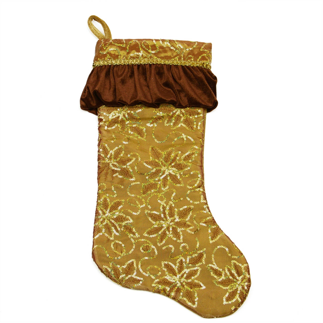 Northlight 19" Gold Sequined Floral Venetian Style Ruffle Cuff Christmas Stocking 1 Northlight 19" Gold Sequined Floral Venetian Style Ruffle Cuff Christmas Stocking