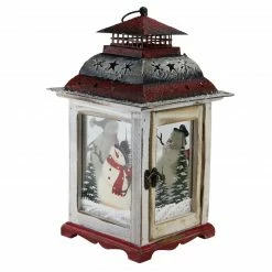 Northlight 14.5" Rustic Red And White Snowman Christmas Scene Candle Lantern