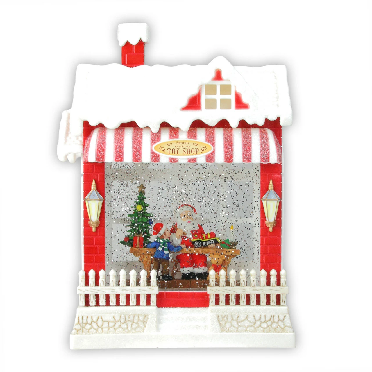 Raz 10" Red And White LED Glittered Santa's Toy Shop Building Christmas Tabletop Decor