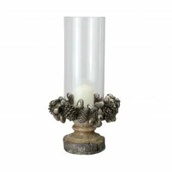 Raz 11" Rustic Acorn And Pinecone Tree Pillar Candle Holder With Glass Case