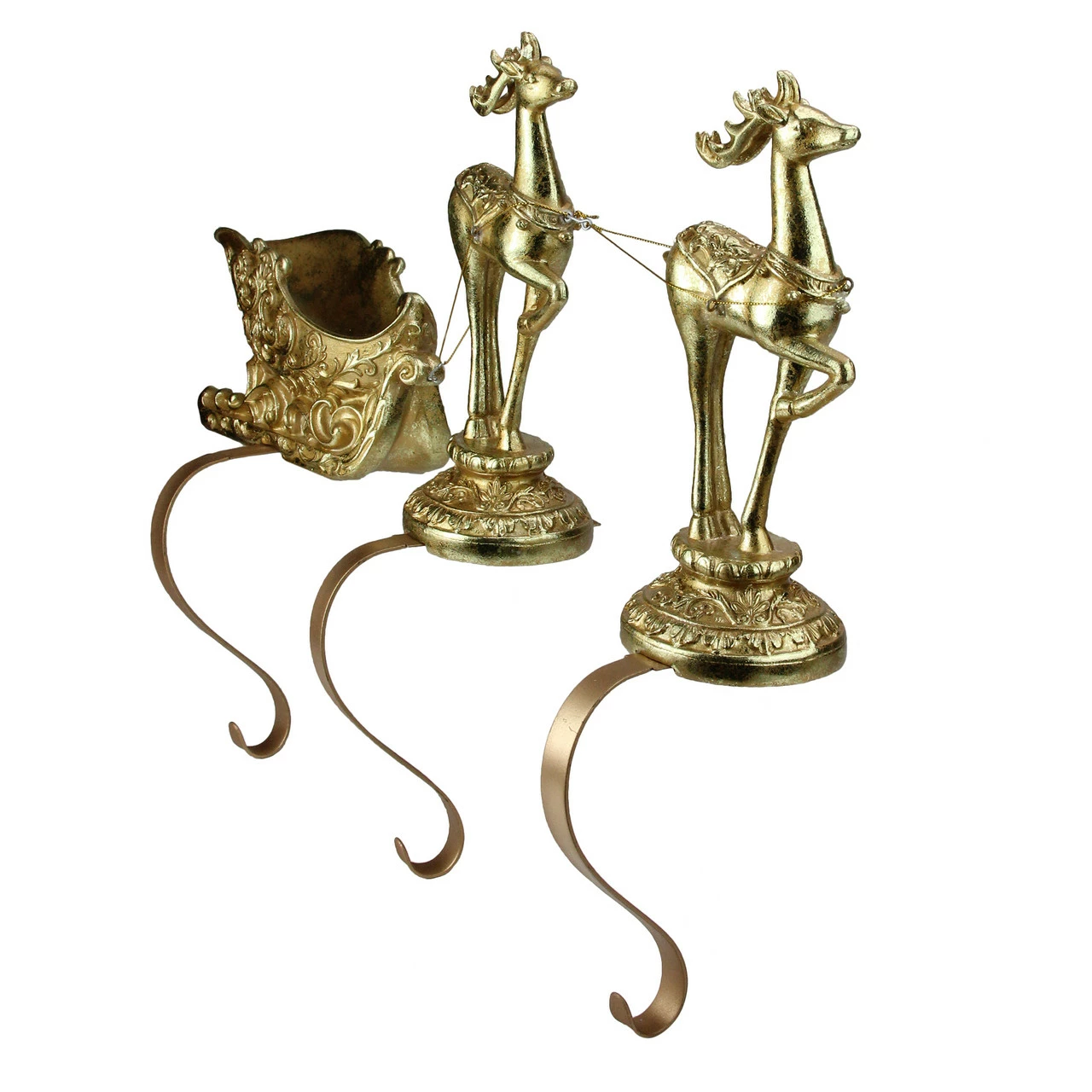 Roman 3-Piece Gold Weathered Reindeer And Sleigh Christmas Stocking Holder - Image 2