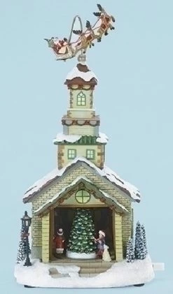 Roman 15" Musical LED Lighted Church With Rotating Santa And Sleigh Christmas Table Top Decoration
