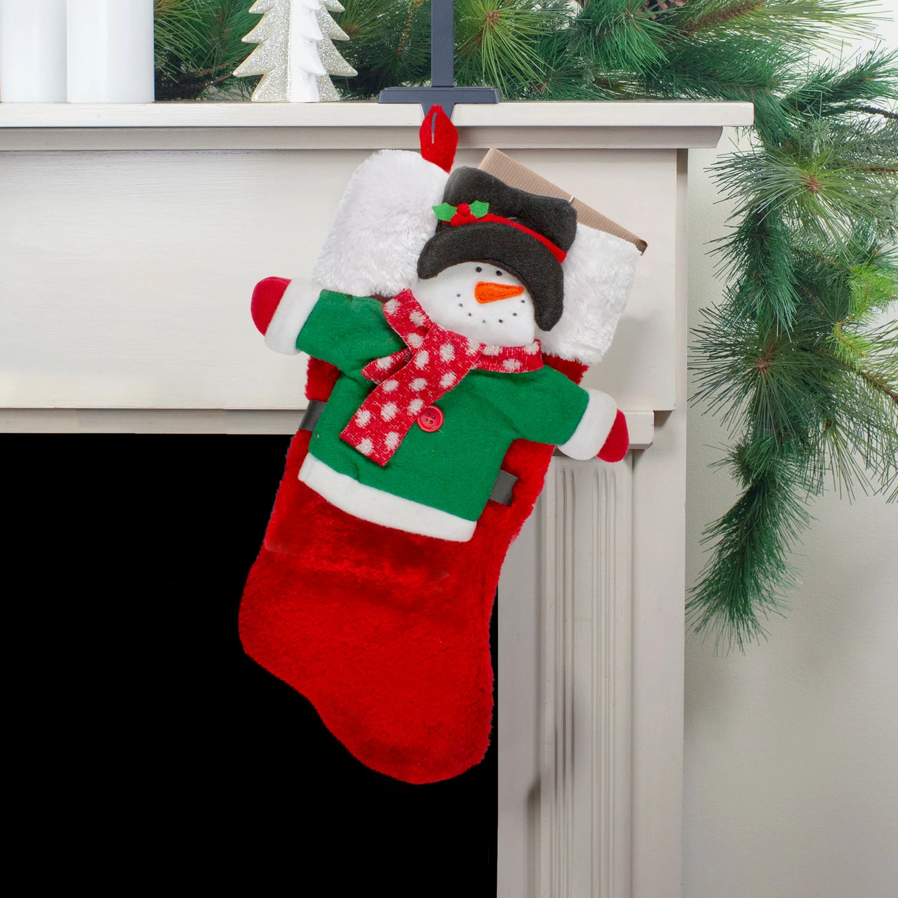 CC Christmas Decor 16" Plush Red And White Christmas Stocking With A Snowman Wine Bottle Sleeve - Image 2