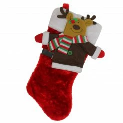St. Nick's Choice 16.25" Plush Red Christmas Stocking With Reindeer Wine Bottle Sleeve