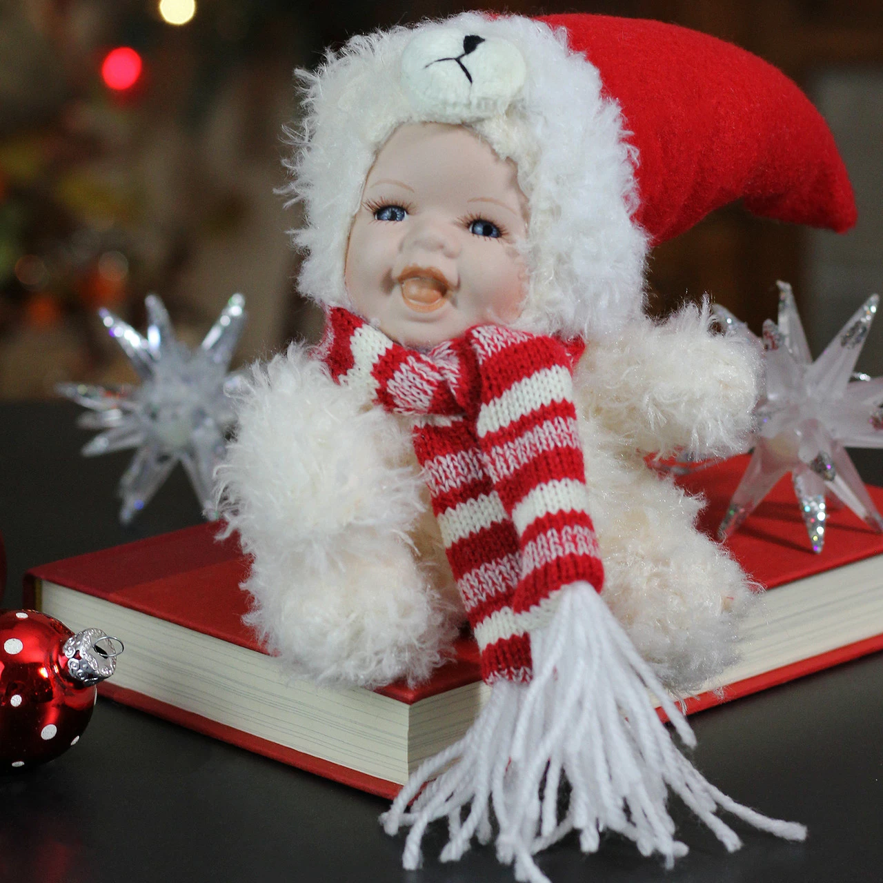Northlight 5.75" White And Red Baby In Polar Bear Costume With Santa Hat Collectible Christmas Doll - Image 2