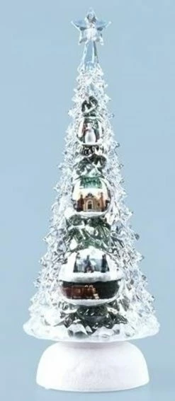 Roman 11.5" Pre-Lit Clear And White Icy LED Lighted Rotating Musical Christmas Tree Tabletop Decoration