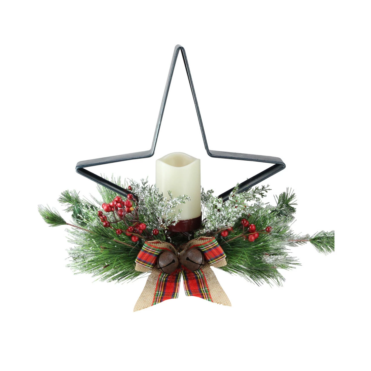 Gerson Company/Gil Division 15" Green And Ivory Pine Needle, Berry, And Jingle Bell Deep Star Shaped Candle Holder