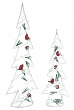 Melrose Set Of 2 White And Red Christmas Trees With Cardinal Birds Tabletop Decors 30"