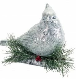 Diva At Home 8.75" Gray And Green Cardinal Perched On Log With Pine Cones/Berries Christmas Decoration