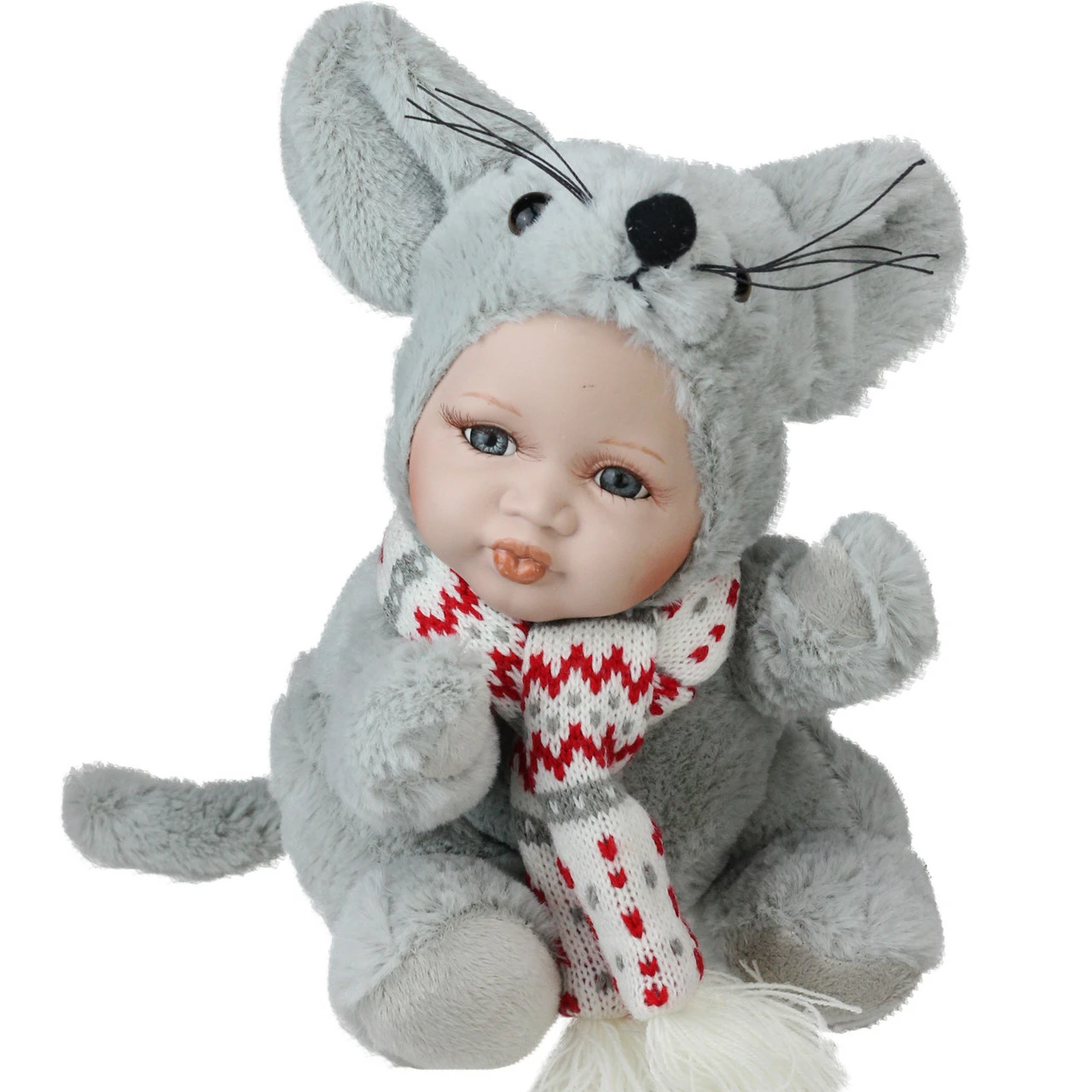 Northlight 9" Gray And Red Pucker Up Baby In Mouse Costume Collectible Christmas Doll
