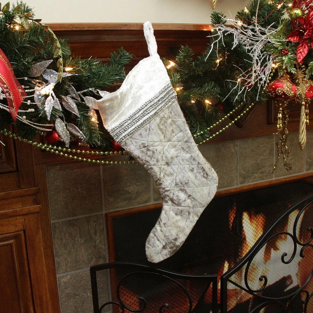 CC Christmas Decor 17" Gray And White Quilted Embellished Christmas Stocking - Image 3