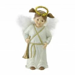 CC Home Furnishings 5.25" White Glittered Child Angel Holding A Golden Horn Christmas Figurine