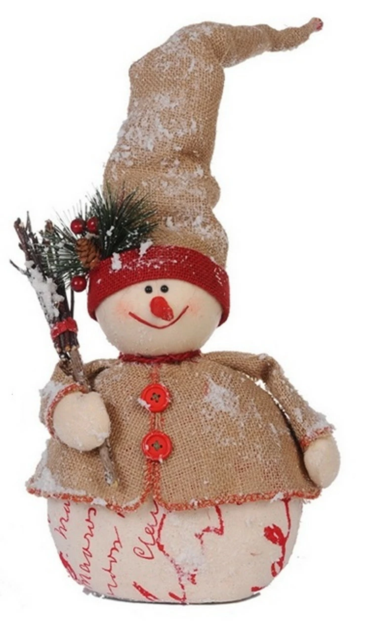 A&B Home 20" Country Cabin Jolly Snowman With Twig Broom Christmas Table Top Decoration
