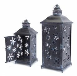 Melrose Set Of 2 Distressed Versatile Snowflake Christmas Candle Lanterns