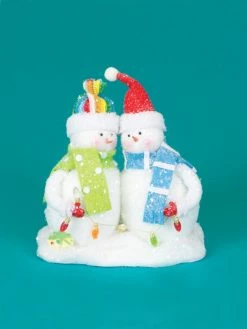 CC Christmas Decor 9.5" White And Green Cupcake Heaven Fluffy Snowmen With Light Strand Christmas Tabletop Figurine